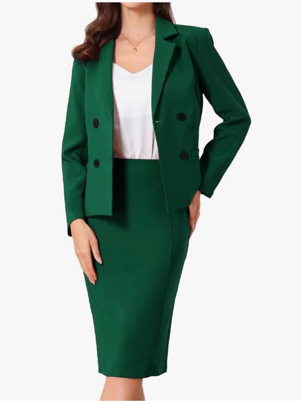 Allegra K Emerald Green Double-Breasted Blazer & Pencil Skirt Set XS